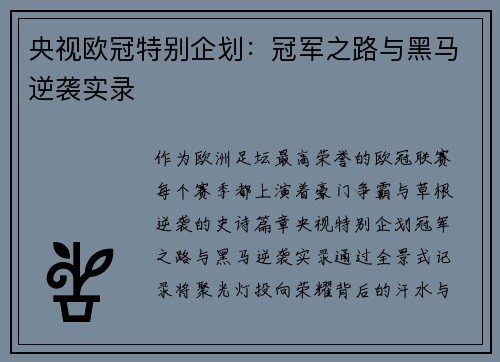 央视欧冠特别企划：冠军之路与黑马逆袭实录