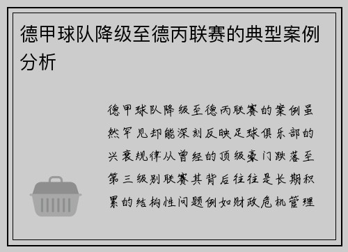 德甲球队降级至德丙联赛的典型案例分析